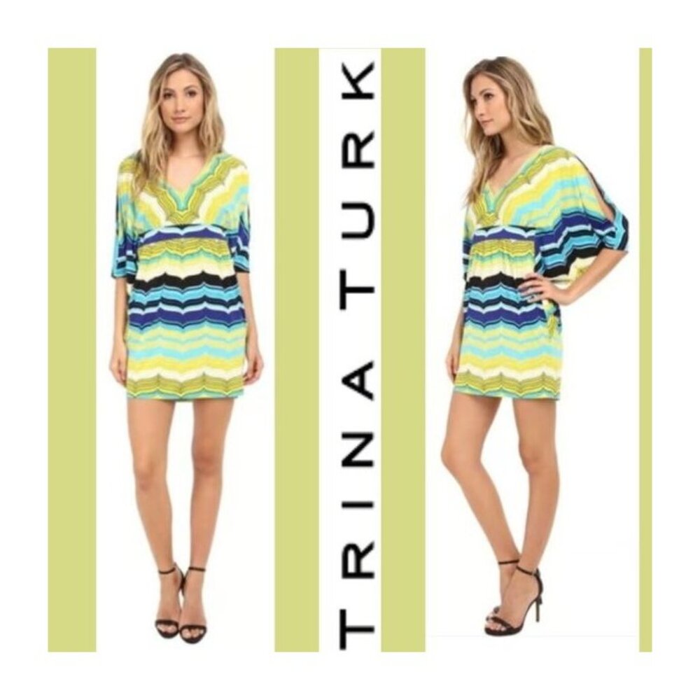 $268 Trina Turk Green Blue Jersey Kaftan Seren Kimono Butterfly Sleeves Dress 6